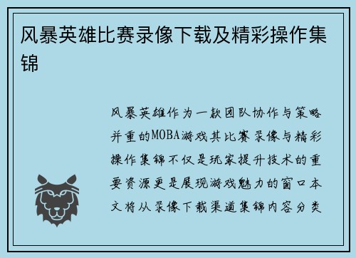 风暴英雄比赛录像下载及精彩操作集锦